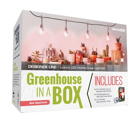 Miracle Led 4-Socket Designer Greenhouse in a Box Grow Light Kit, Red Spec., 14W Replace 150W Grow Bulbs 801795
